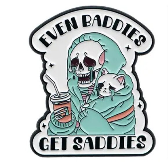 Jewelry - Even Baddies Get Saddies Skeleton Cat Coffee Enamel Pin Depression Hoodie